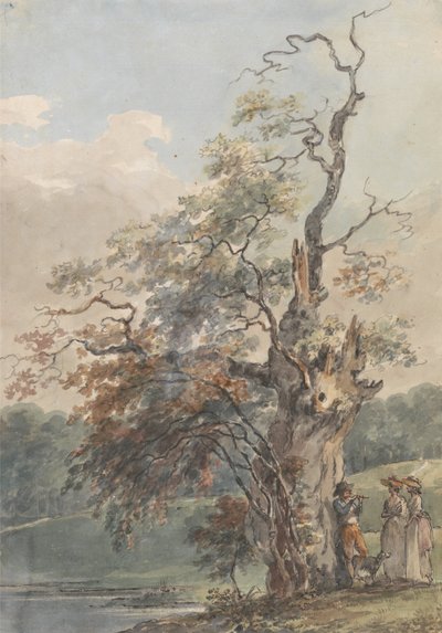 Landschaft mit einem Mann, der unter einem alten Baum eine Pfeife spielt von Paul Sandby